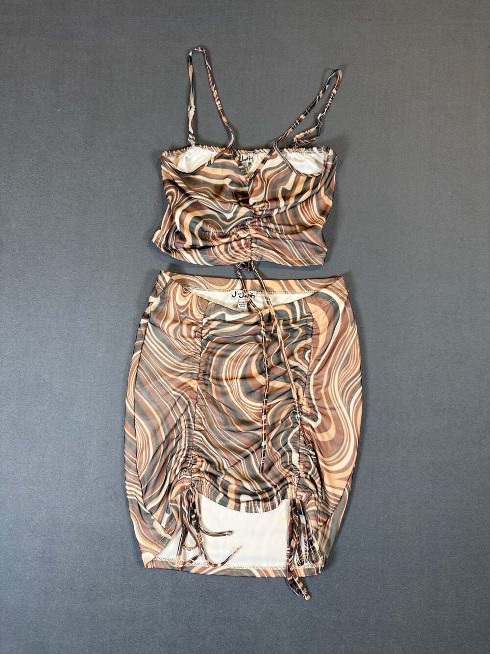 J for Justify Y2K Brown Swirl 2 Piece Ruched Crop Top Skirt Set Small
